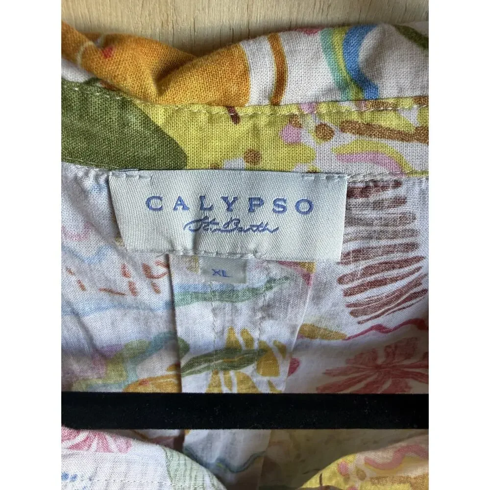 Vintage Calypso Shirt Women XL Linen Blend All Over Print Beachy Tropical Travel